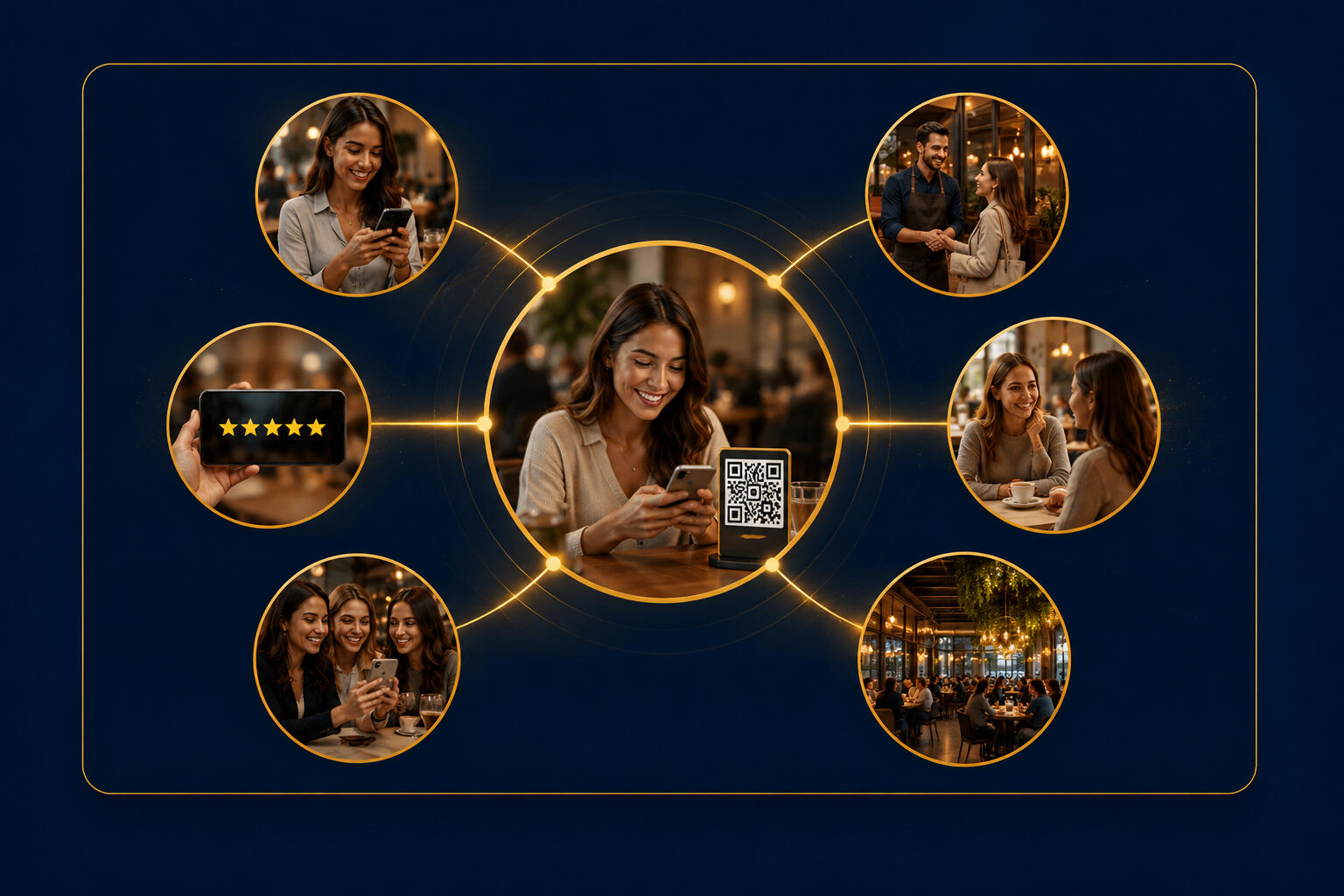 Golden Connections Café Marketing Hub A circular image in the middle with a woman looking at her phone and then 6 gold wave lines to other circles showing different images of her , 5 stars, her with friends